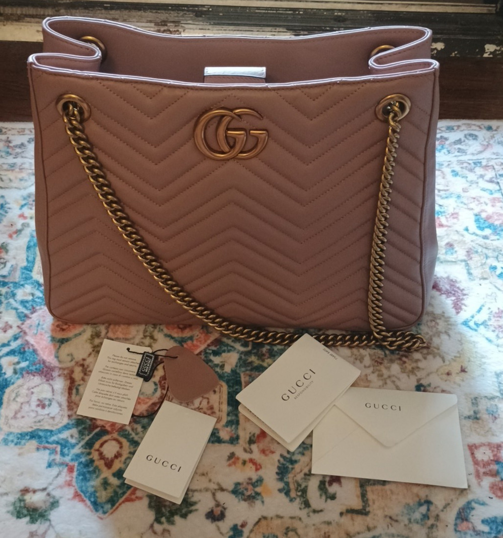 Gucci Marmont GG Bag Large Beige Blush Pink Quilted Chain Strap tags Unused FAB!